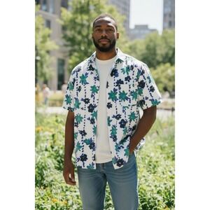 VTG Pro Spirit Floral Button Shirt Mens L Blue Green Cotton Short Sleeve Beach